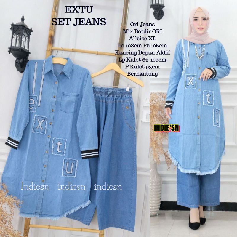 Extu Set Jeans By INDIE'SN | Setelan Wanita | Setelan Atasan Blouse Tunik Kulot Celana Panjang Jeans