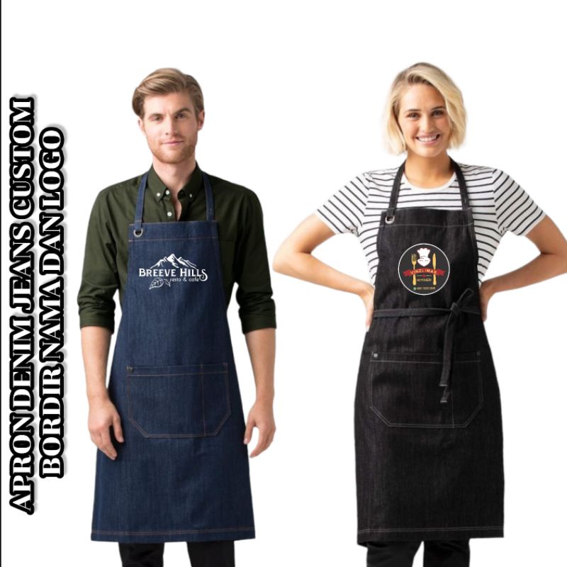 NEW PRODUCT Celemek Apron Barista Bartender Waitres Chef Celemek masak polos dan Custom  - DENIM JEANS PREMIUM