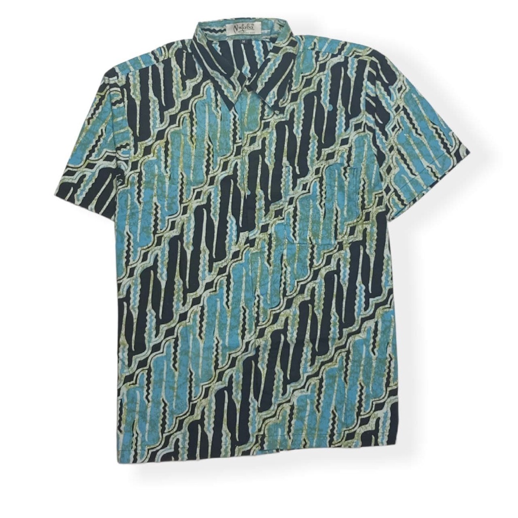 Kemeja Batik Pria Lemgan Pendek Cap Biru Muda Hitam Kawung