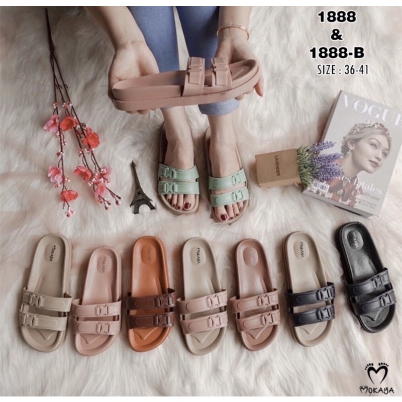 ( Best Seller ) Sandal Slop Wanita Gesper Ban 2 Cantik Simple Elegant Import Mokaya / Size 37-41(1888/1888-B)