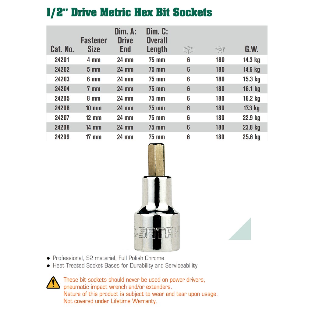 SATA TOOLS 1/2 Inch METRIC HEX BIT SOCKETS HEX 5 MM 24202