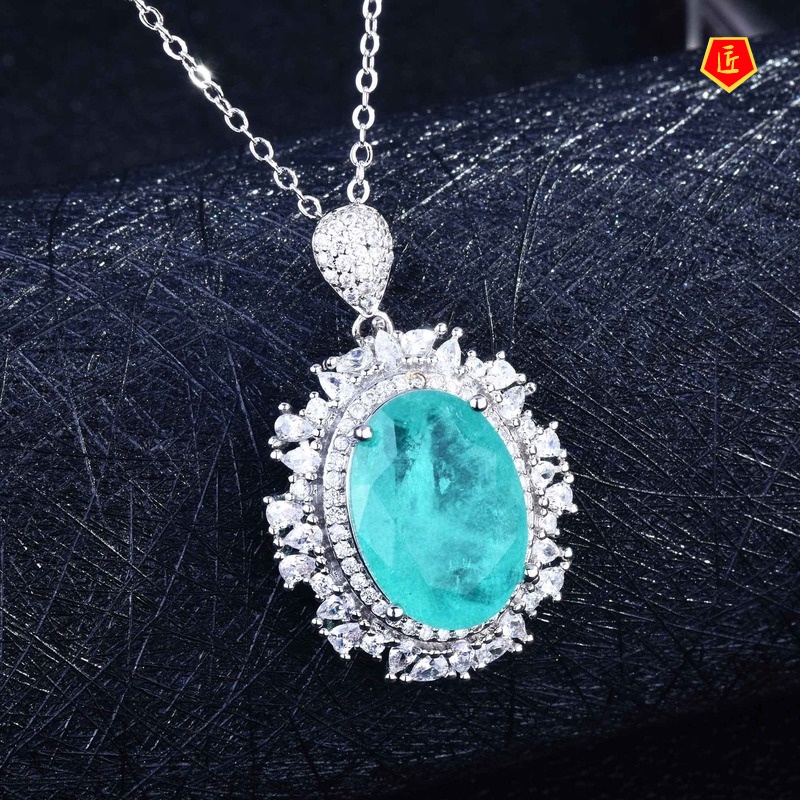 [Ready Stock]Natural Paraiba Necklace Luxury Gems Stud Earrings Jewelry Set