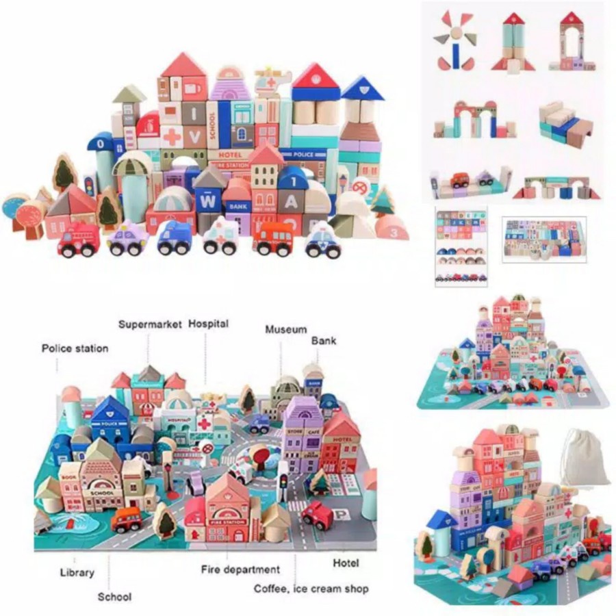 Mainan balok kayu magic color city building block 115 pcs