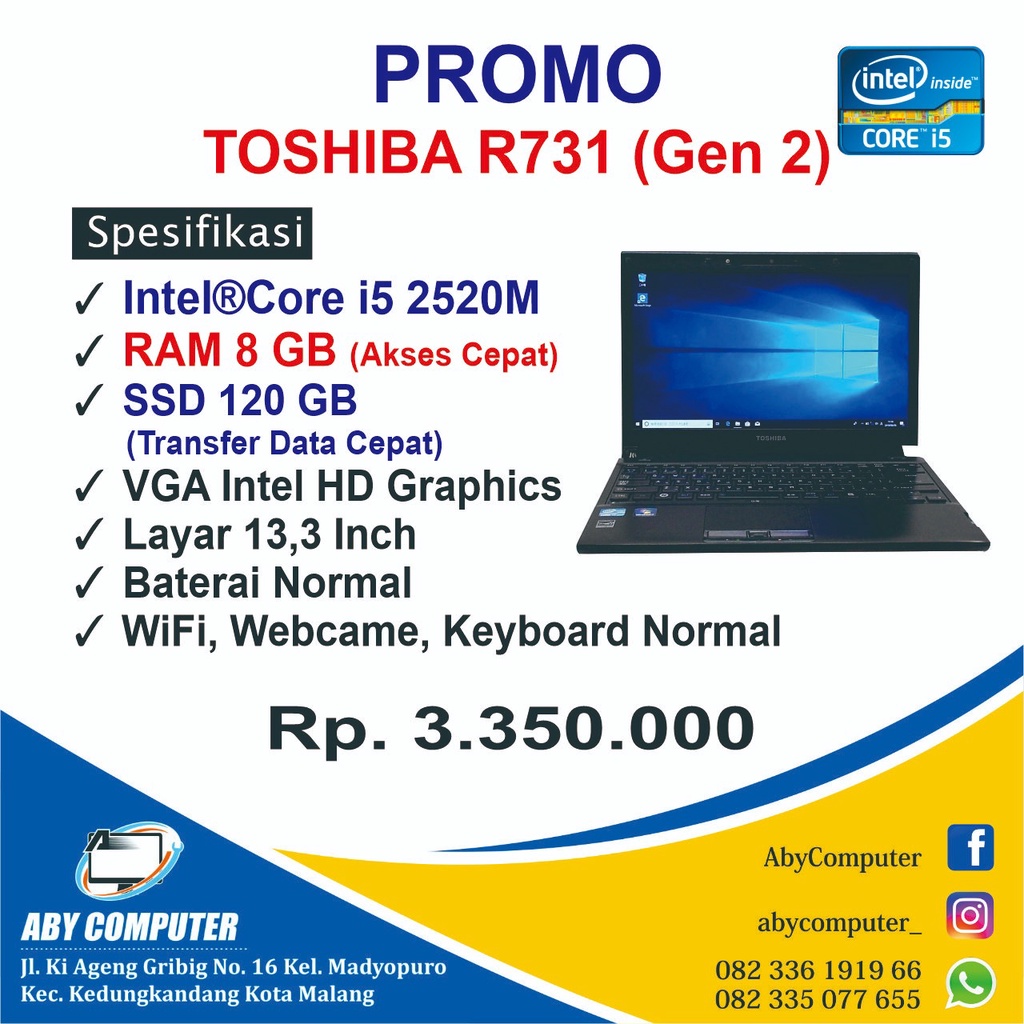 LAPTOP TOSHIBA DYNABOOK R732 RAM 8 GB SSD 120 GB MULUS KAMERA NORMAL BISA ZOOM