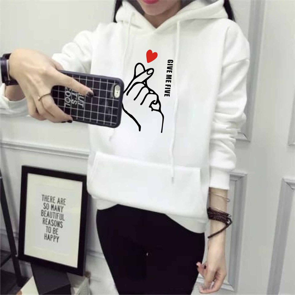 FenishaStore Sweater Hoodie Wanita Give Me Five Kantong Depan Bisa Bayar Ditempat COD