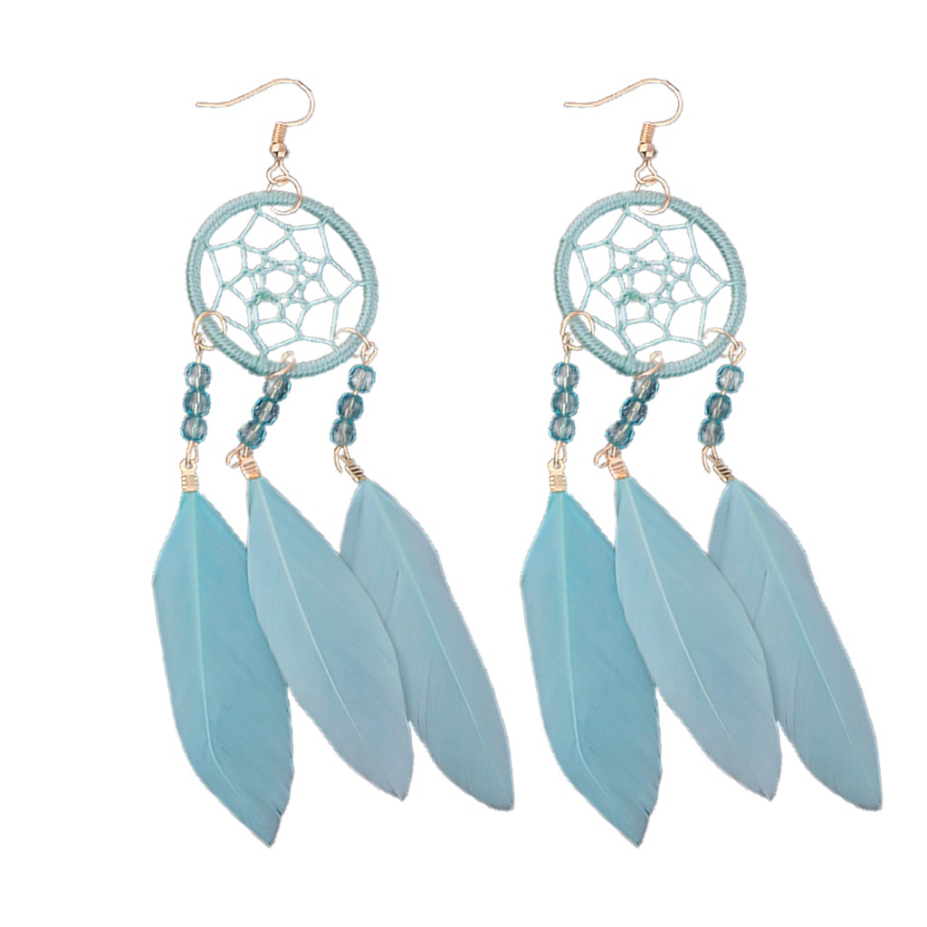 Hu Hu Hu Hu Hu Alat Bantu Pasang Kacamata♡ 1 Pasang Anting Desain Bulu Dream Catcher Hollow Out Gaya Etnik Bohemia