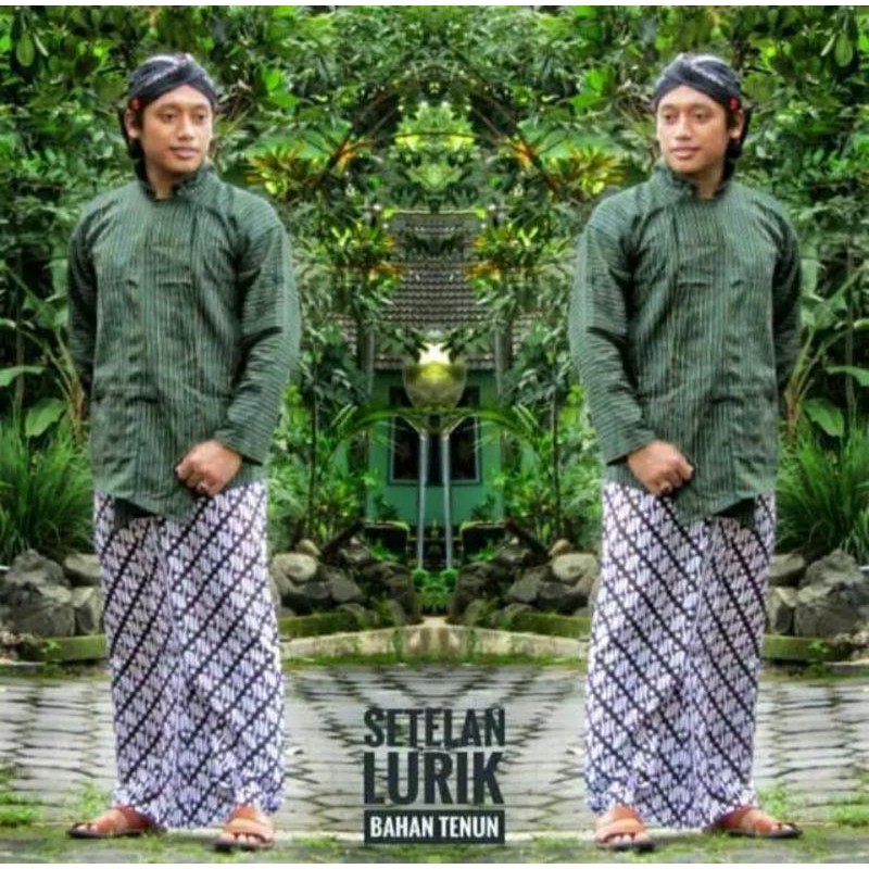 REAL PICT |Satu set Baju Lurik Jawa dewasa | Baju Lurik Hijau + Jarik + Blangkon Jogja lipat