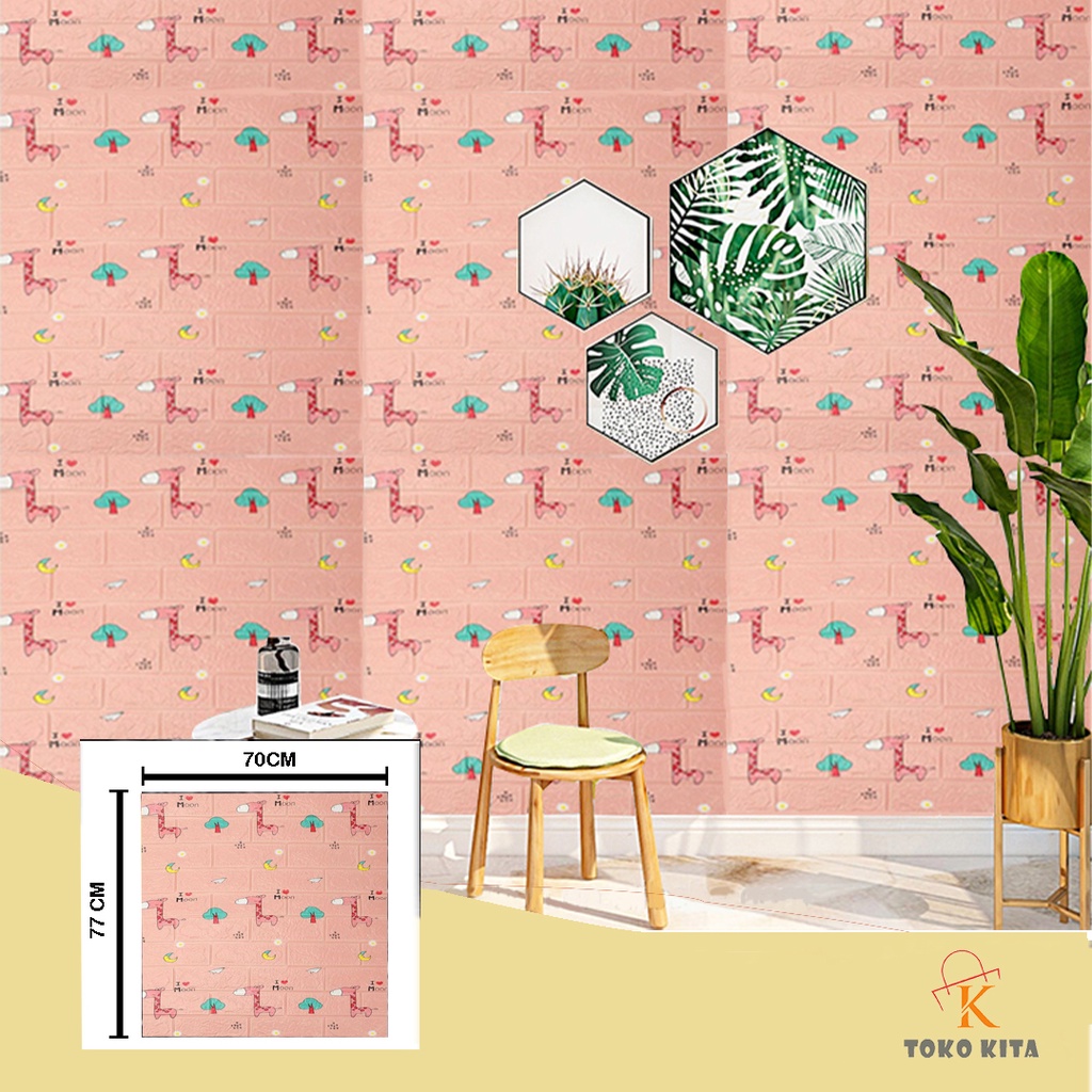 Wallpaper 3D Foam Motif Batu Bata Mural / Corak , Polos, Anak 70X77 Wall Sticker Interior Tebal 3mm-Pink Girafe 0424