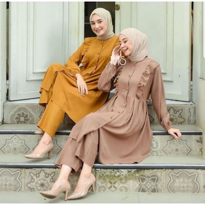 SET CELANA TUNIK INEZ, MOSCREPE, GAMIS HIJAB MUSLIM, SETELAN