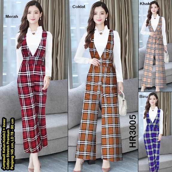 HR3005 Jumpsuit Motif Kotak + Inner Bahan Cotton Stretch Premium / Jumpsuit Celana Panjang