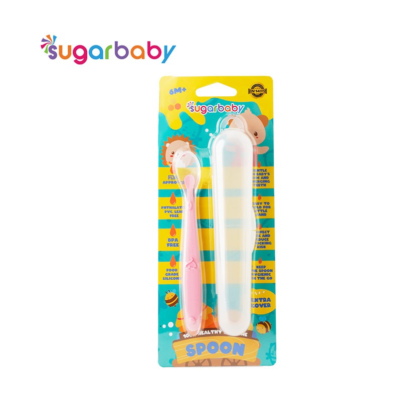 Sugar Baby Healthy Silicone Spoon With Case Pink Sendok Makan Bayi Merah Muda