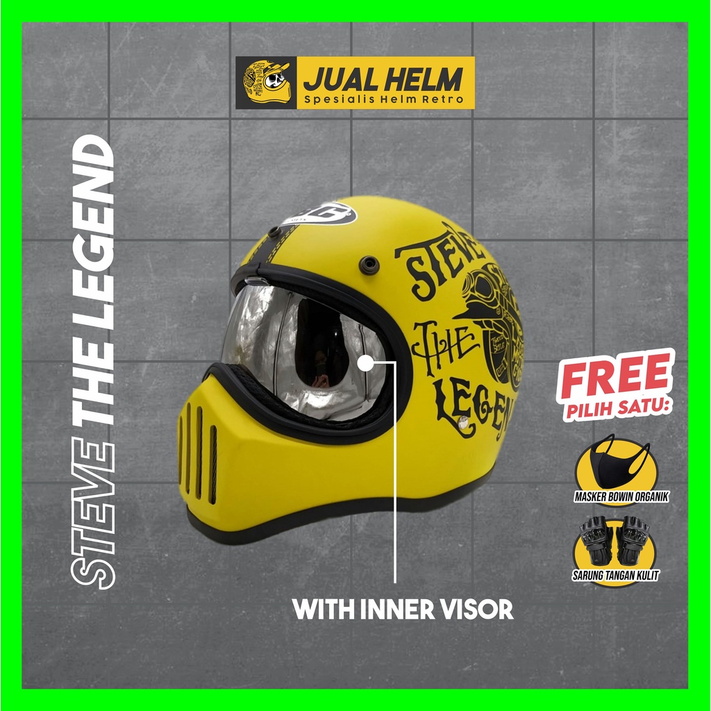 Helm Cakil HBC Steve Yellow Kuning + Inner Visor ( Fullface / Retro / Klasik / Vespa )