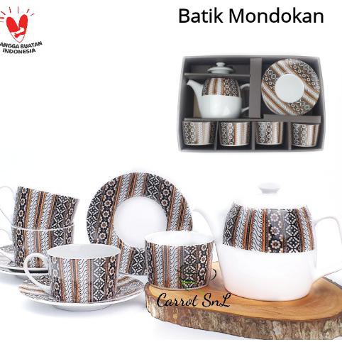 Cangkir Teh Set + Teko Tutup Keramik Motif Batik MONDOKAN KOPIN
