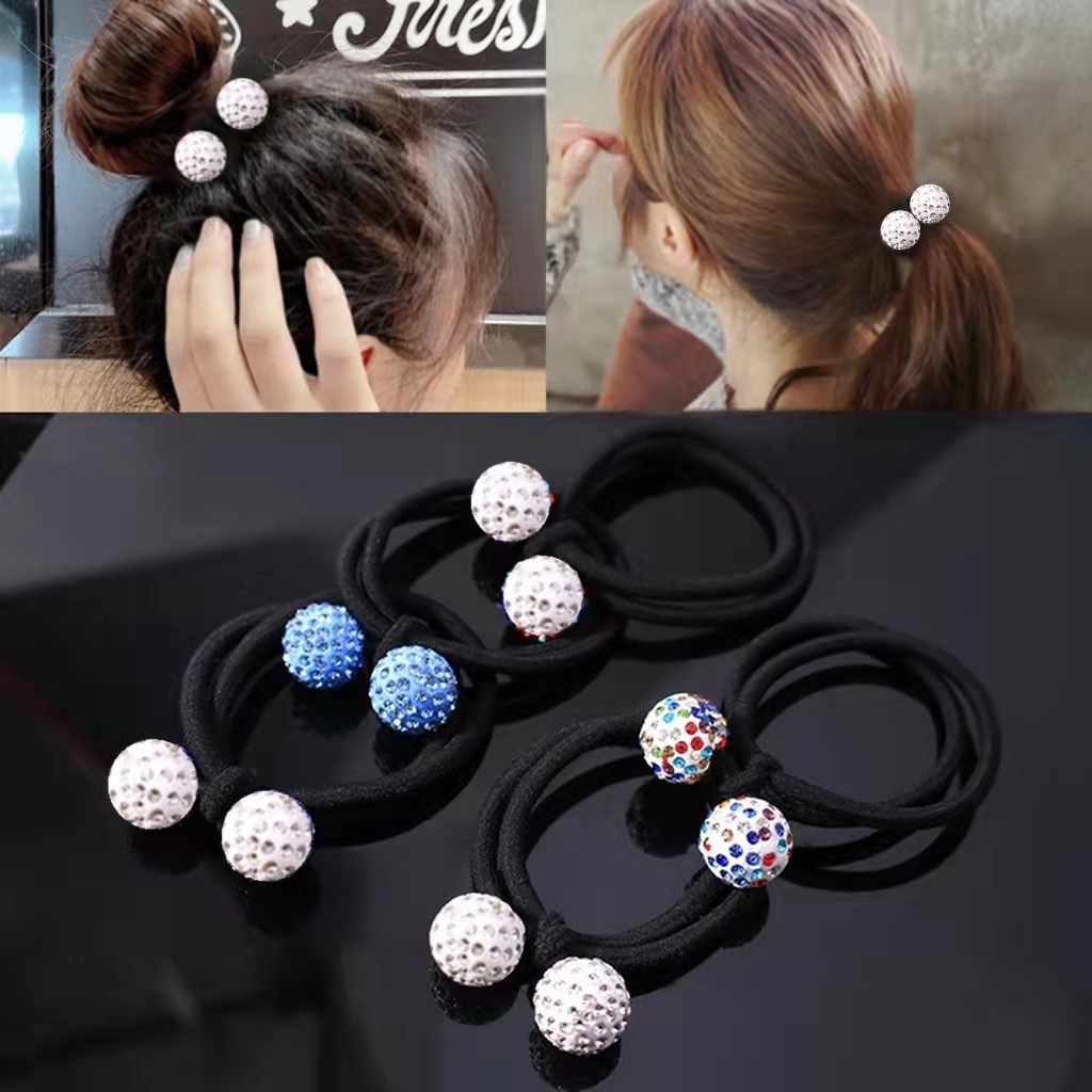 Ikat Rambut Karet Hitam Polos Elastis Aksen Bola Pompom Lucu Fashion Aksesoris Rambut WanitaST