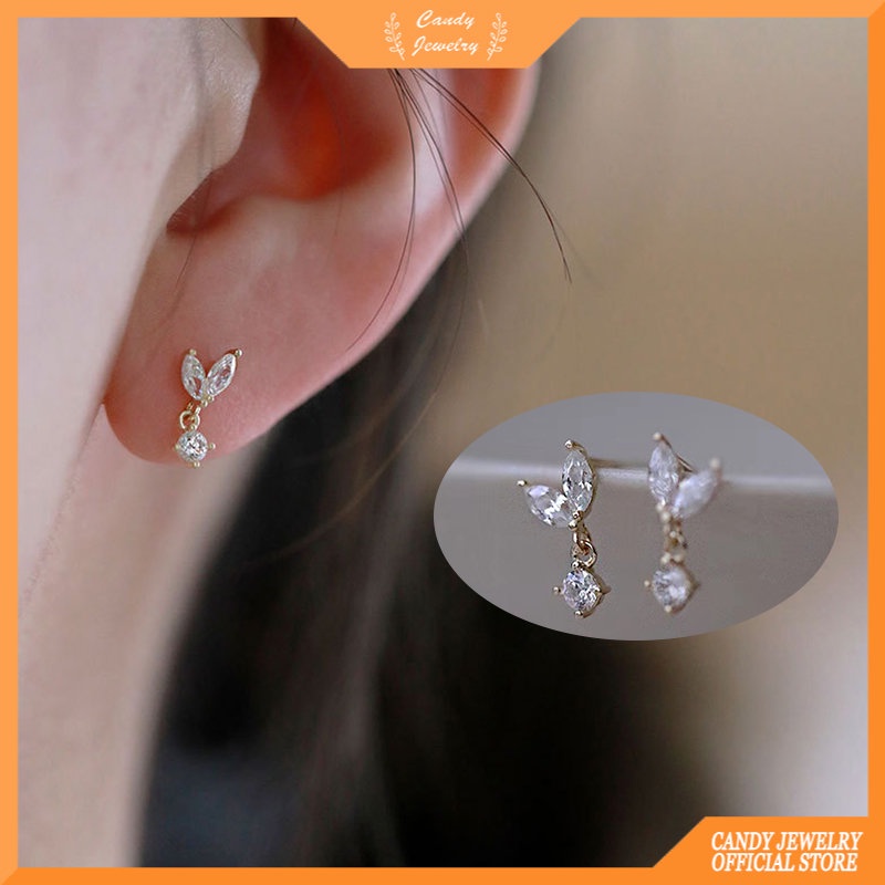 Anting Tusuk Desain Daun Kecil Hias Zircon Warna Permen Untuk Wanita