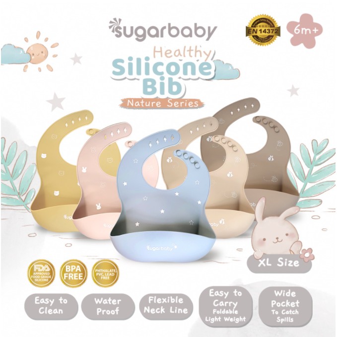 Sugar baby Perlengkapan MPASI Bayi Healthy Silicone Bowl Spoon &amp; Fork Silicone Bib Silicone Plate (Nature Series) CBKS