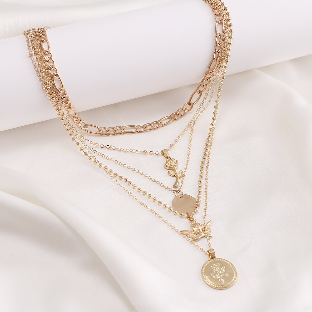 Vintage Multilayer Metal Chain Pendant Necklace for Women Bohemian Gold Coin Flower Angel Collar Pendant Necklace Jewelry Gift