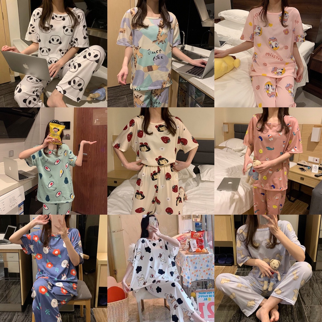 Baju Tidur Oversize Piyama Set Lengan Pendek Celana Panjang Import Pakaian Tidur