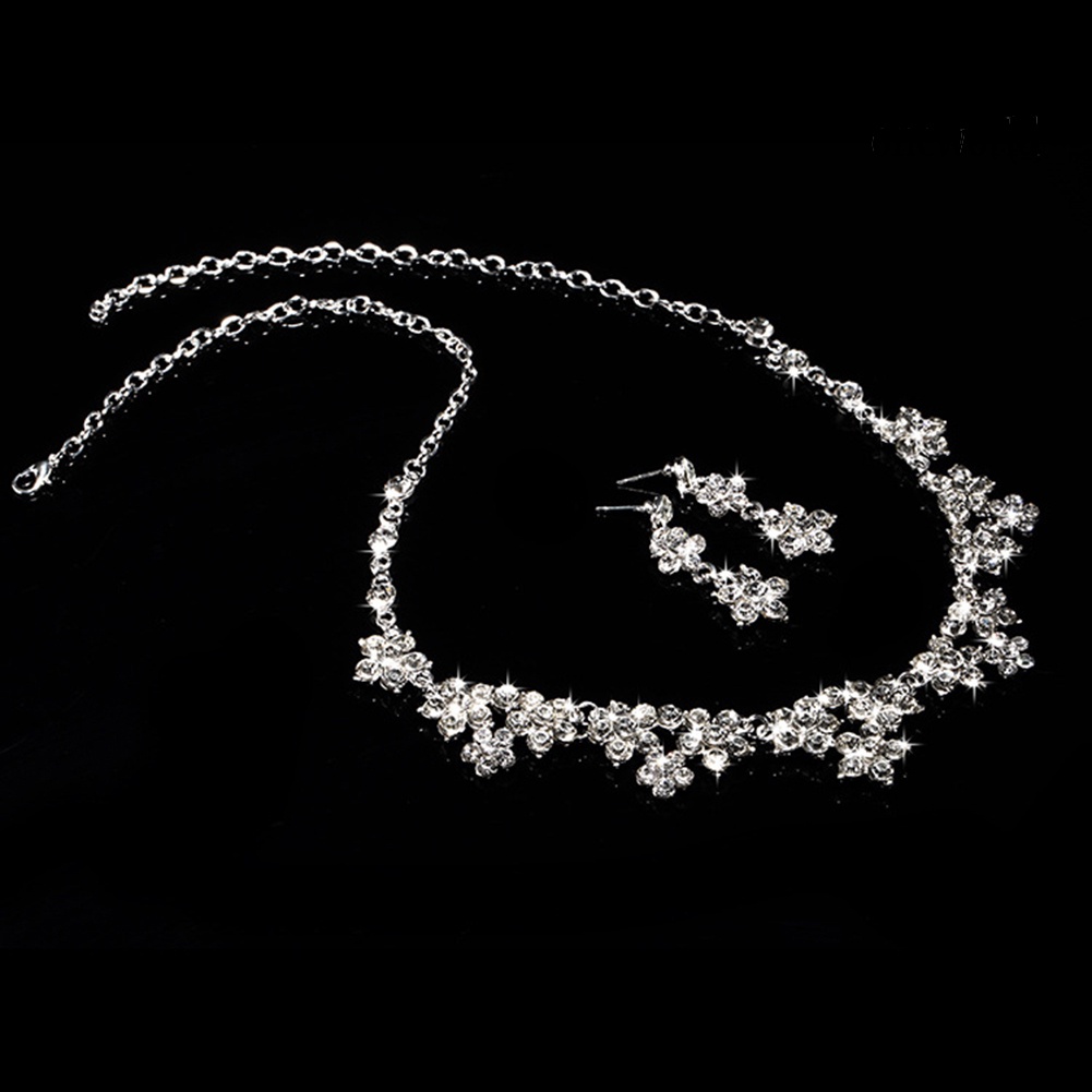 OW@ Luxury Rhinestone Inlaid Necklace Earrings Hair Crown Headwear Bride Jewelry