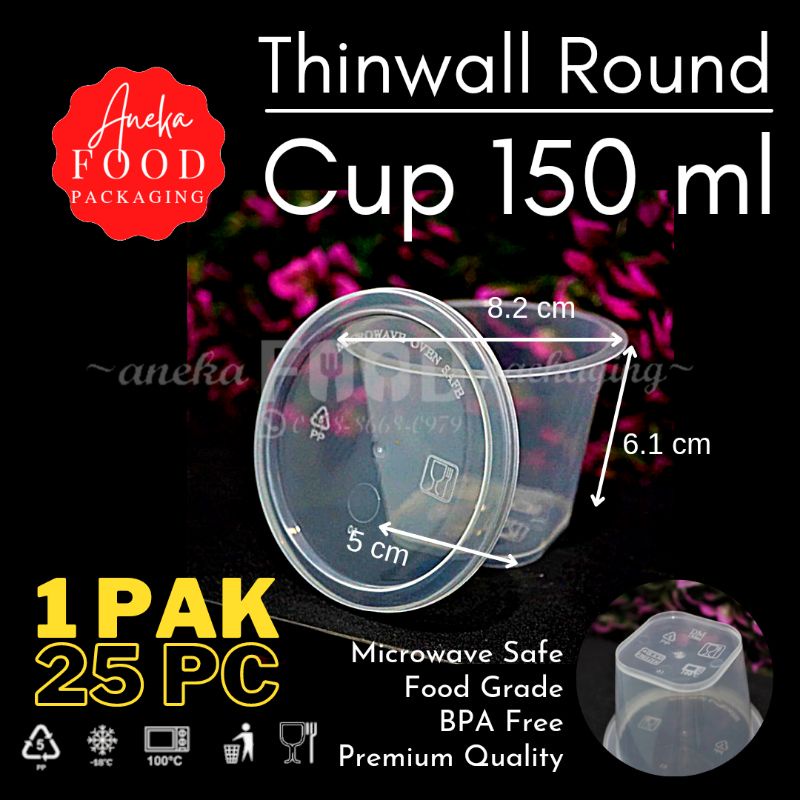Thinwall gelas cup 150ml kotak persegi+tutup bening (25pc)