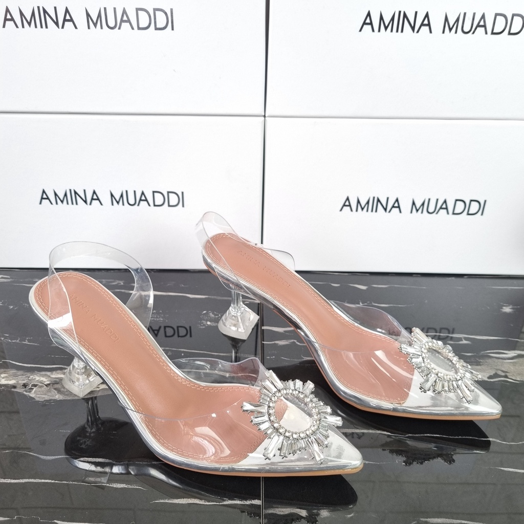 SEPATU AMINA MUADDI BEGUM CRYSTAL GLASS SLING HEELS TRANSPARENT PVS - SAM001