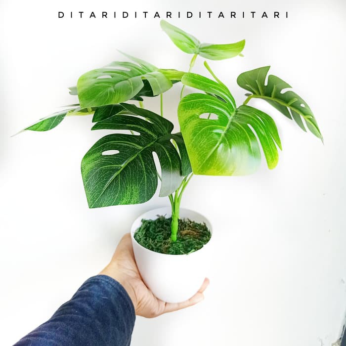 GROSIR - DAUN MONSTERA DAN POT BUNGA BUNGA PLASTIK ARTIFICIAL DEKORASI RUMAH