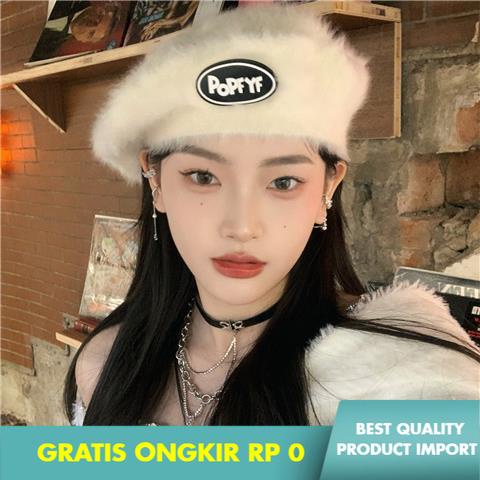 Topi Baret Fashion Wanita Qiqing    Putih Baret Wanita  Tampak Kecil Mewah   Korea Bulu Kelinci Topi