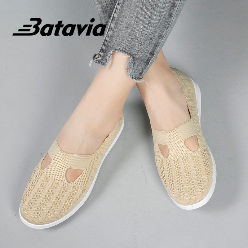 Batavia 2023 Baru Sepatu Rajut Flat Terbang Tenunan Sepatu Wanita Bertumit Rendah Nyaman Sepatu Kerja Slip-On Sepatu Bernapas dan Ringan  A162