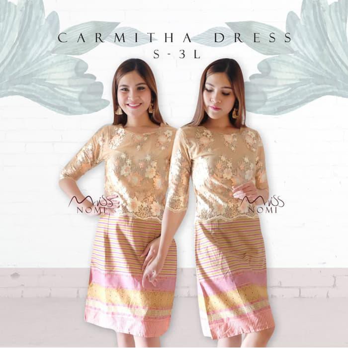 Terlaku Charmitha Dress Pesta Batik Wanita / Gaun Pesta Natal Batik Etnik - Cream, S