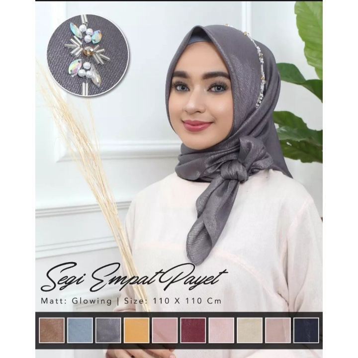 [Bisa COD] Hijab Sinar Glowing Payet / Jilbab SegiEmpat Payet Bando / Hijab Sinar Laser Payet / Ukuran 110x110cm