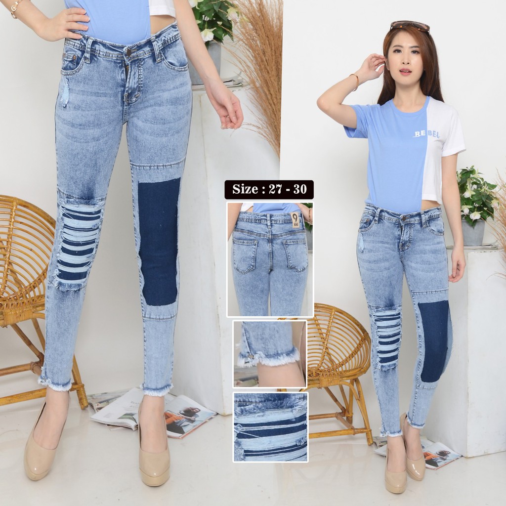 CELANA JEANS DYNAMITE JEANS WANITA SOBEK RIPPED DESTROY PATCH