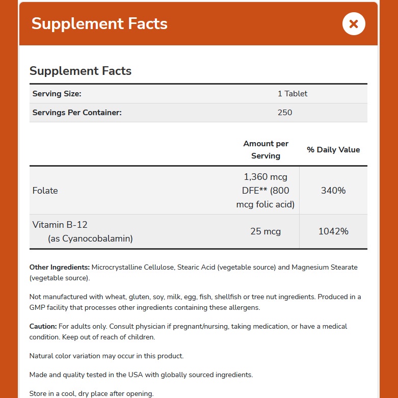 NOW FOODS Folic Acid 800 mcg with Vitamin B-12 250 tablet Asam Folat Vit Suplemen Kehamilan