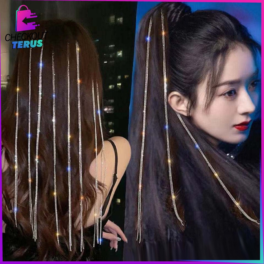 CT C492 Jepit Rambut Model Rantai Rumbai Korean Style Jepit Aksesoris Rambut Bling Bling Juntai Berlian Imitasi Wanita