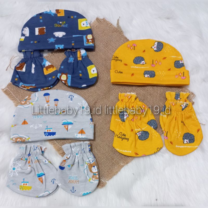 1 SET Topi Sarung Tangan Kaki Bayi Newborn Motif Lucu SNI