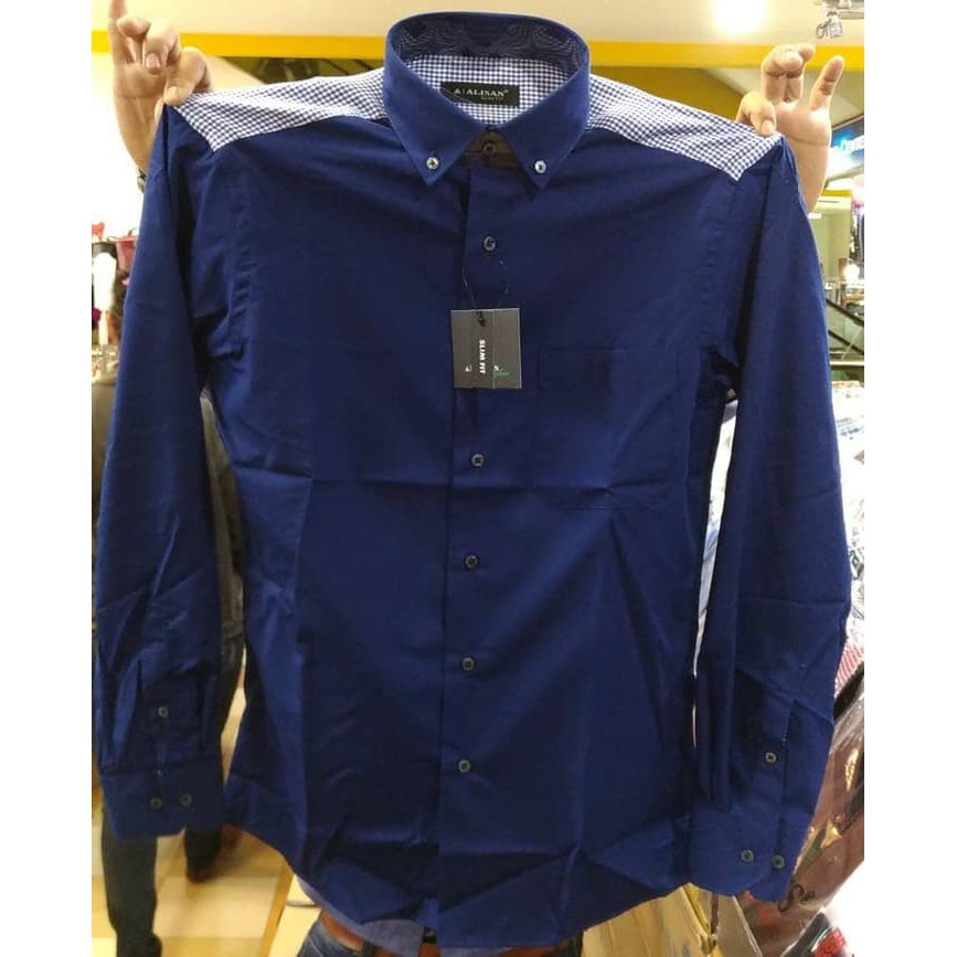 KEMEJA PRIA ALISAN SLIMFIT PANJANG BIRU NAVY HIJAU TOSCA KOMBI PUNDAK - NAVY, XL