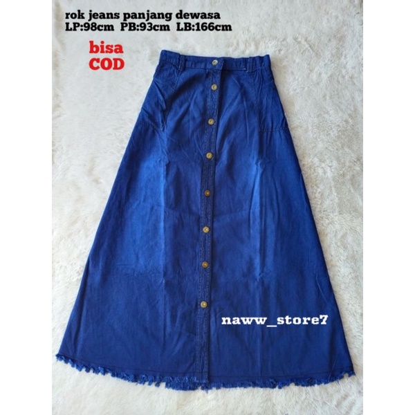 Rok jeans premium rempel dewasa kancing panjang/rok jeans pinggang karet bawah kerut dewasa-birutua rawis