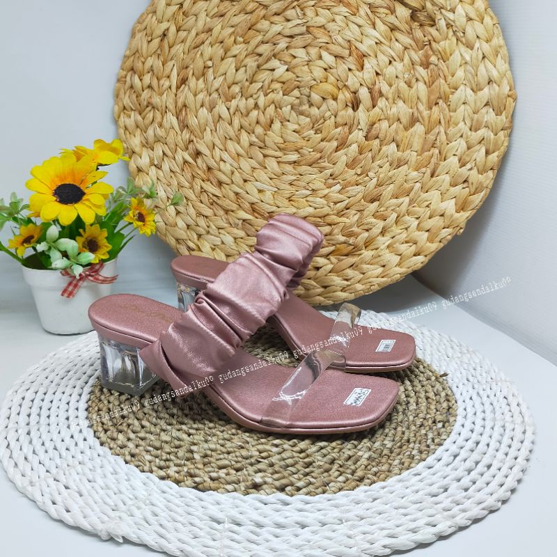 12.12 BRITHDAY SALE Tracy Sandal Wanita Kerut Scrunchie Hak Kaca 5cm Hp10