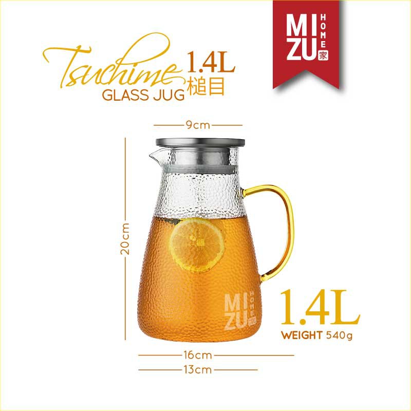 MIZU TSUCHIME 1.4L Glass Jug Hammered Finish Teko Kaca Borosilikat Jepang Teko Air Teh Infused Water-7