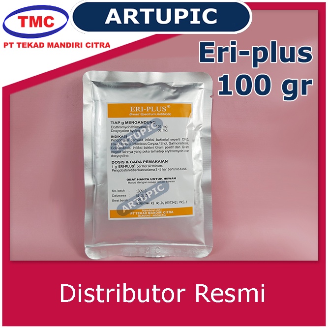 Eri-plus 100 gram Obat CRD Snot Ternak Hewan Unggas Efektif membunuh mikroorganisme Haemophilus Pasteurella Salmonella Ecoli Streptococcus Staphylococcus Mycoplasma yang peka terhadap Erythromycin dan Doxycycline.