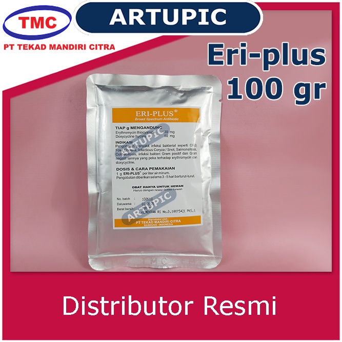 Eri-plus 100 gram Obat CRD Snot Ternak Hewan Unggas Efektif membunuh mikroorganisme Haemophilus Pasteurella Salmonella Ecoli Streptococcus Staphylococcus Mycoplasma yang peka terhadap Erythromycin dan Doxycycline.