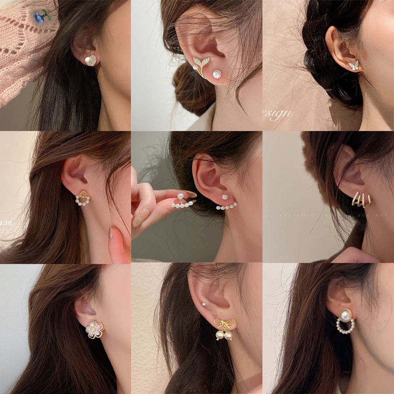 YEEZII Anting Stud Liontin Kupu-Kupu Hati Kristal Mutiara Warna Emas Gaya Elegan Untuk Wanita