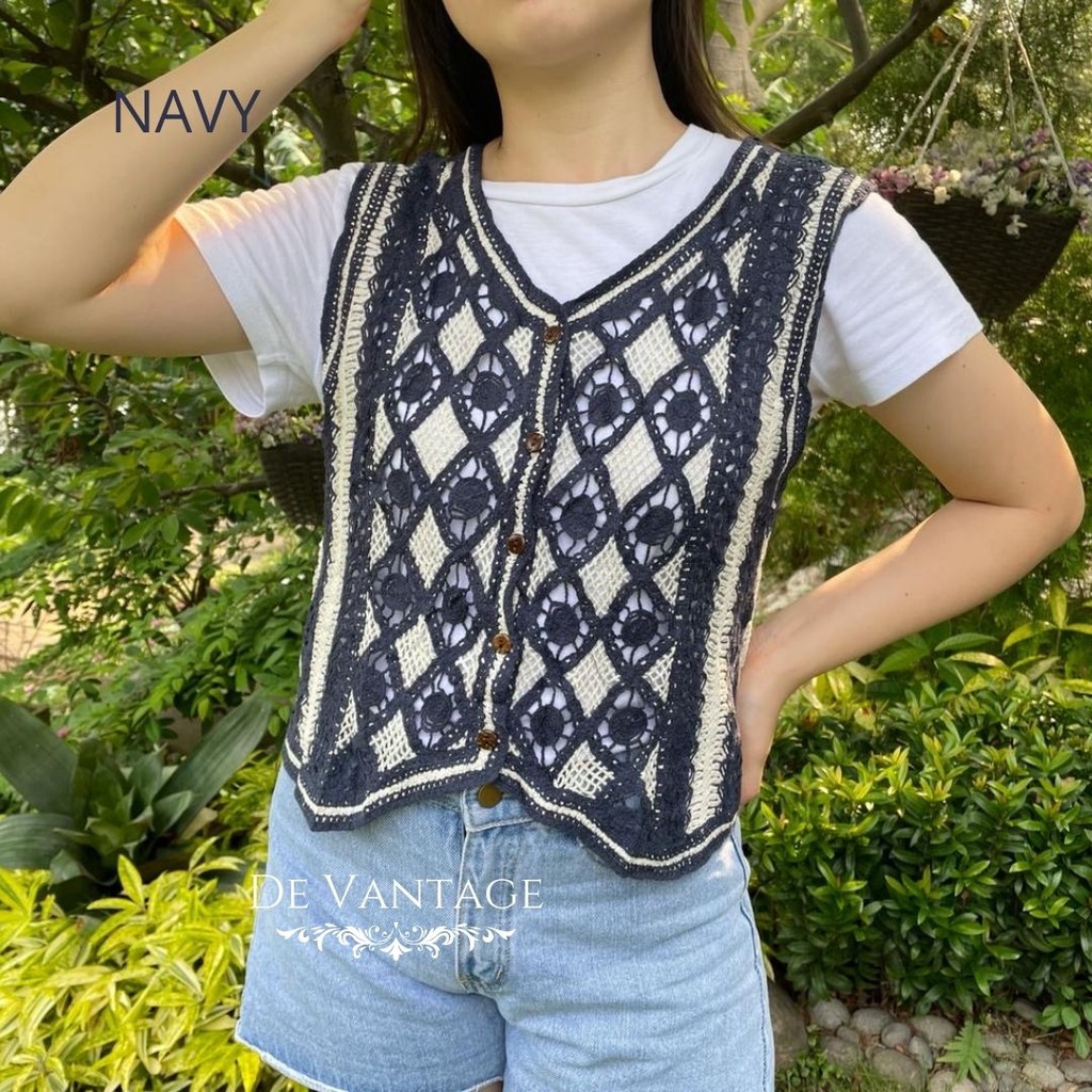 Vest Rajut / Rompi Lace Motif Kotak / Korean Knit Vest