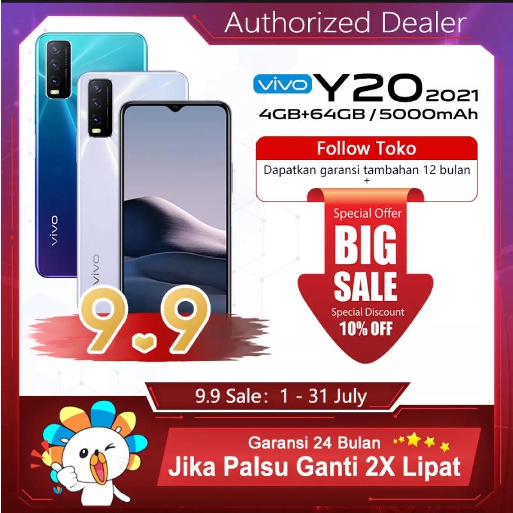 Vivo Y20 RAM 4GB ROM 64GB Garansi Resmi Original Handphone HP vivo y20 2021 Baru vivoy20 COD