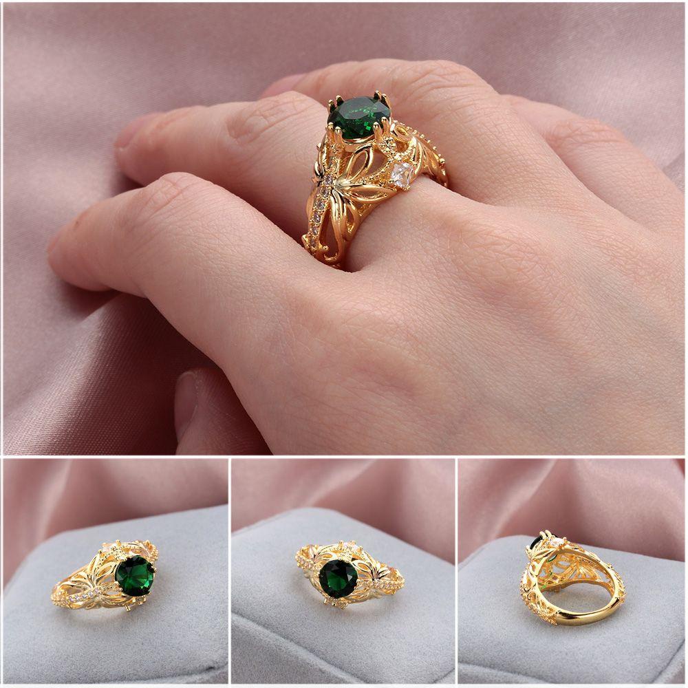 Nanas Zamrud Cincin Hadiah Anniversary Indah Ukuran 6-10 Berlapis Emas 14k