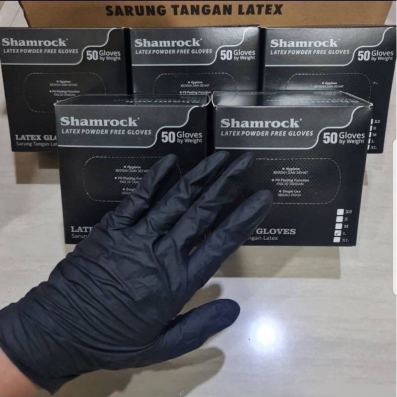 Sarung tangan Medis Latex / sarung tangan karet Warna Hitam Non Powder APD Shamrock isi 50