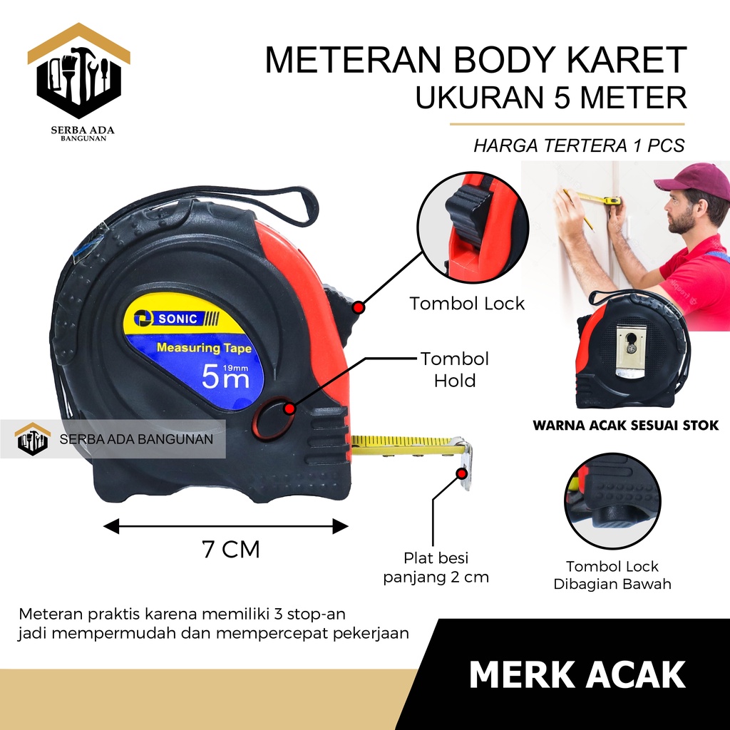 Meteran 3 5 7.5 M Tukang Bangunan Roll Meter Jaket Measuring Tape Rol Measure / original kuat