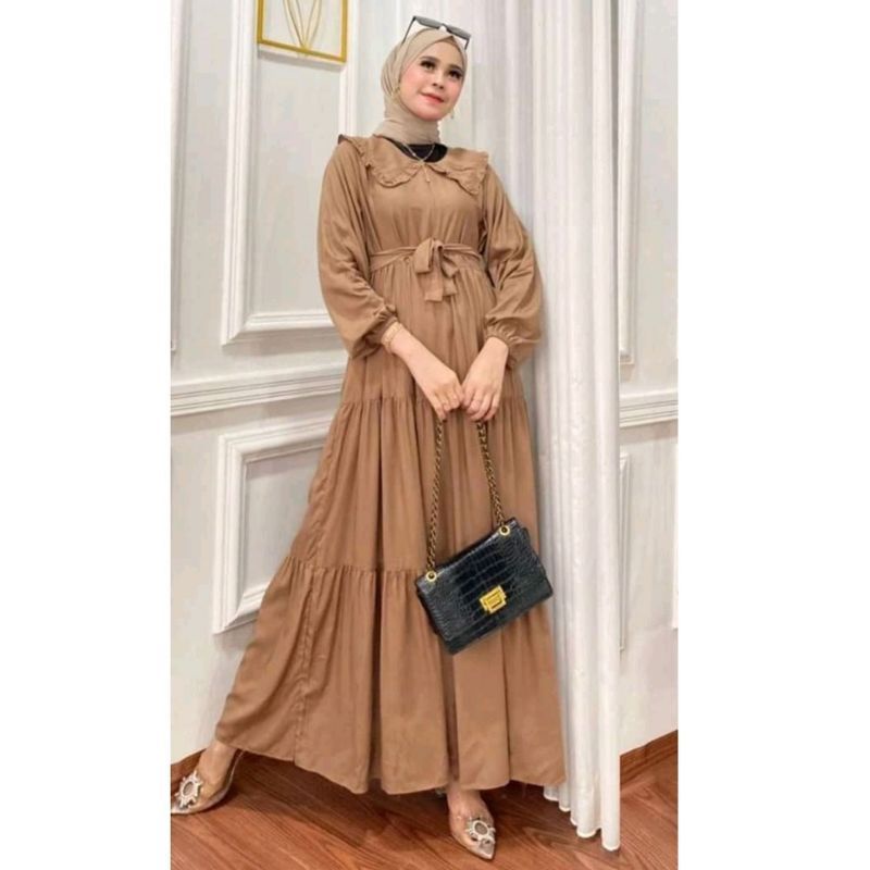 GAMIS RAYON POLOS TERMURAH BUSUI || GAMIS RAYON SYARI PREMIUM FELISHA HOMEY DRESS || GAMIS RAYON KERAH-Cokelat