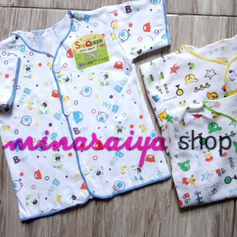 SHAQUEEN 3 pcs Baju Bayi SNI Lengan Pendek Putih Motif Kancing Depan Newborn