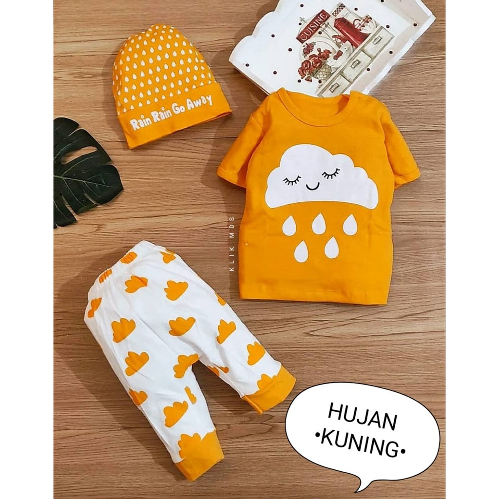 Baju setelan anak bayi laki-laki cowok perempuan murah bisa cod karakter rain go away free topi