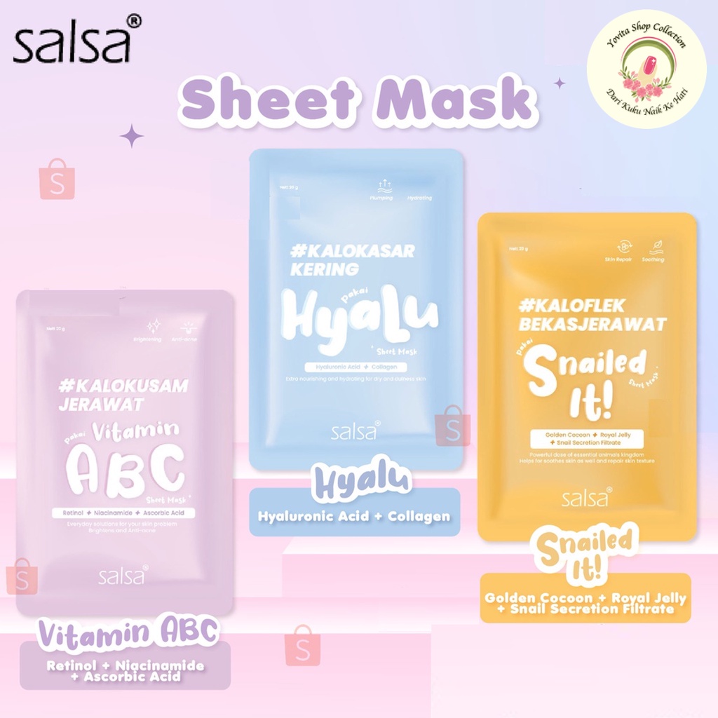 Salsa Sheet Mask 20gr | Masker Wajah Salsa Vitamin ABC, Snailed it, Hyaluronic | BPOM